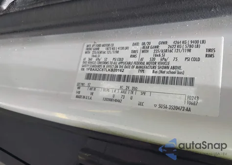 2020 Ford Transit-350 Passenger Van Xl z USA, uszkodzony, nr VIN 1FBAX2C87LKB20162